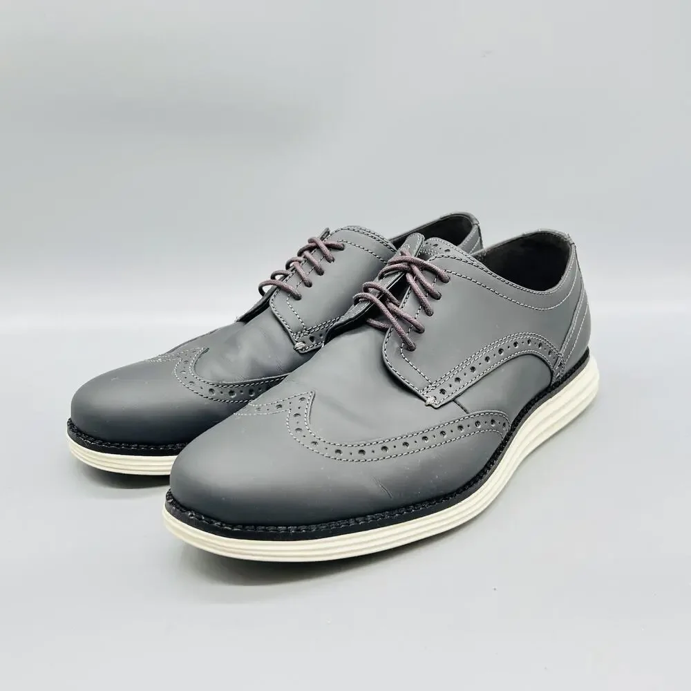 Cole Haan Shoes Mens 8 Gray Leather Grand OS Wingtip Oxford Dress Brogue Comfort